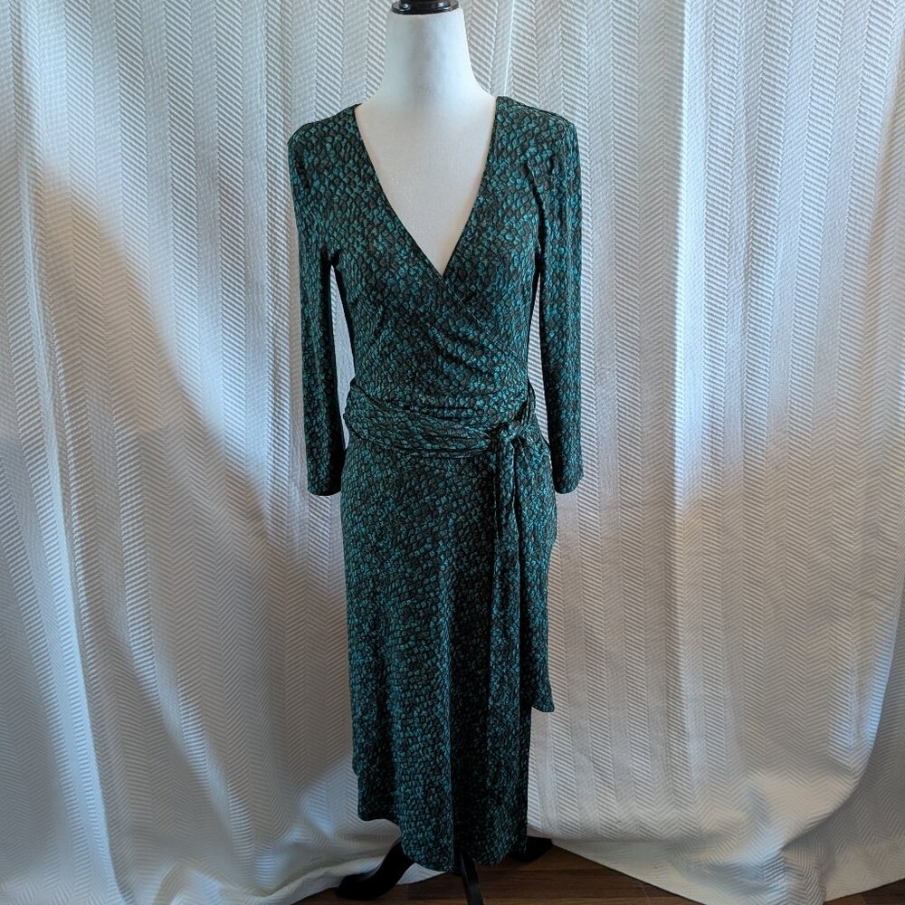 Green Wrap Dress Midi Long Sleeves Abstract Reptile Print Stretchy Small Medium